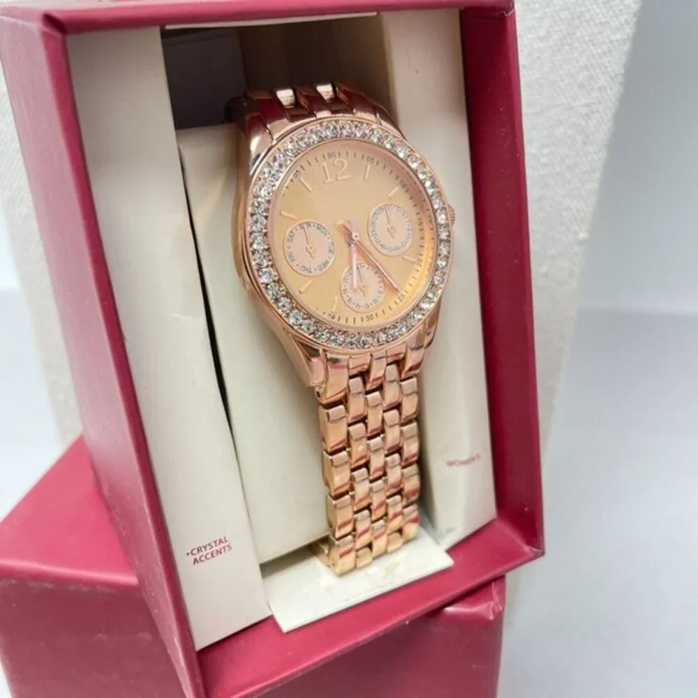 Merona Rose‎ Gold-Tone Crystal Inlay Analog Womens Watch New